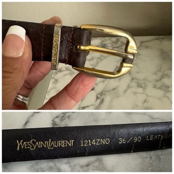 Vintage YSL Yves Saint Laurent USA Brown Leather Belt | Brass Buckle | Size 36 - Picture 1 of 11